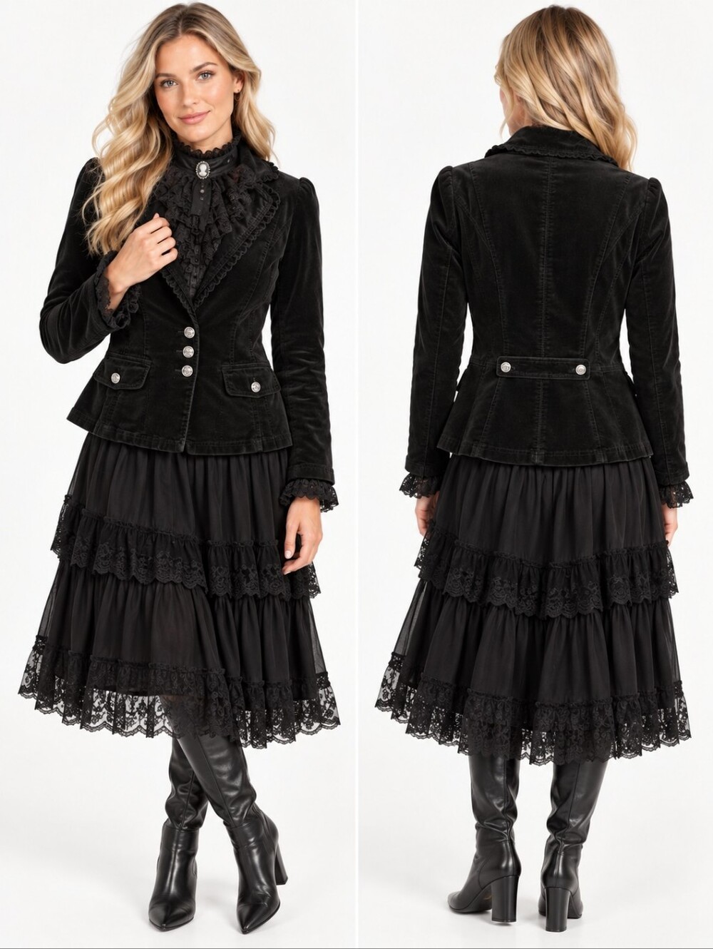 White House Black Market Victorian Ruffle Corduroy Blazer Witchy Black 14